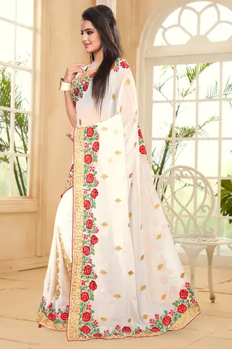 White Embroidered Border Georgette Saree With Matching Blouse Piece