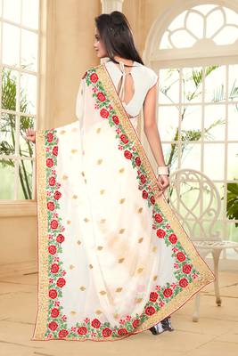 White Embroidered Border Georgette Saree With Matching Blouse Piece 3