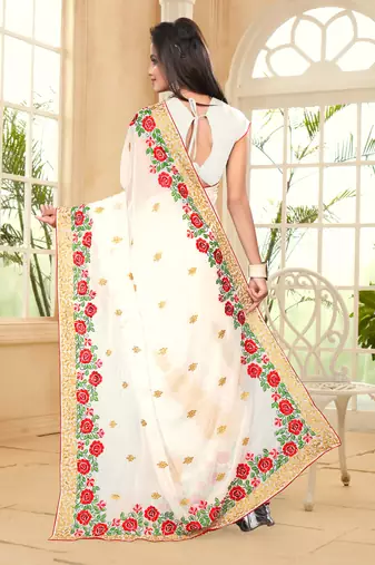 White Embroidered Border Georgette Saree With Matching Blouse Piece