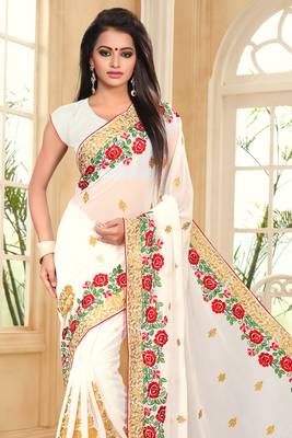 White Embroidered Border Georgette Saree With Matching Blouse Piece 4