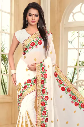 White Embroidered Border Georgette Saree With Matching Blouse Piece