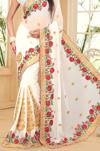 White Embroidered Border Georgette Saree With Matching Blouse Piece