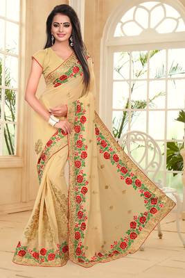 Beige Embroidered Border Georgette Saree With Matching Blouse Piece 1