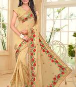 Beige Embroidered Border Georgette Saree With Matching Blouse Piece
