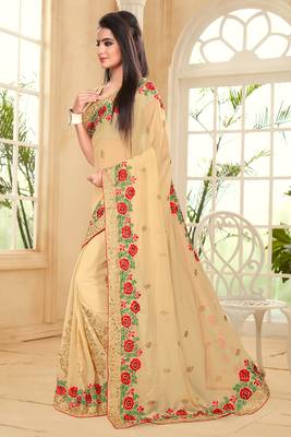 Beige Embroidered Border Georgette Saree With Matching Blouse Piece 2