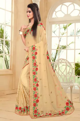 Beige Embroidered Border Georgette Saree With Matching Blouse Piece