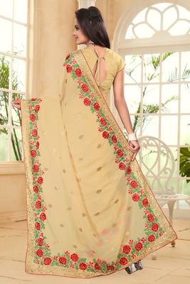 Beige Embroidered Border Georgette Saree With Matching Blouse Piece 3