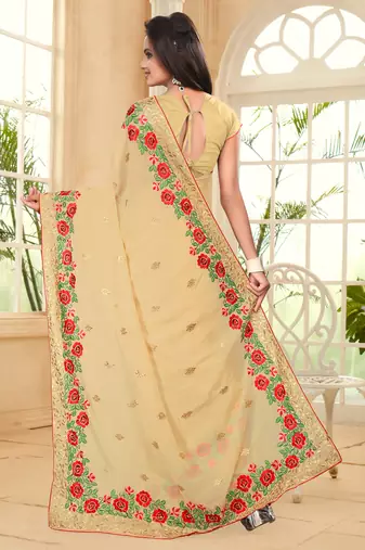 Beige Embroidered Border Georgette Saree With Matching Blouse Piece