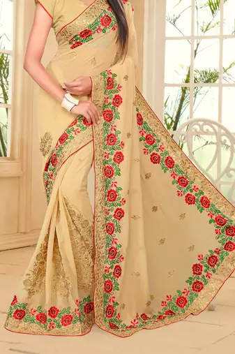 Beige Embroidered Border Georgette Saree With Matching Blouse Piece