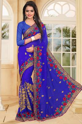 Blue Embroidered Border Georgette Saree With Matching Blouse Piece 1