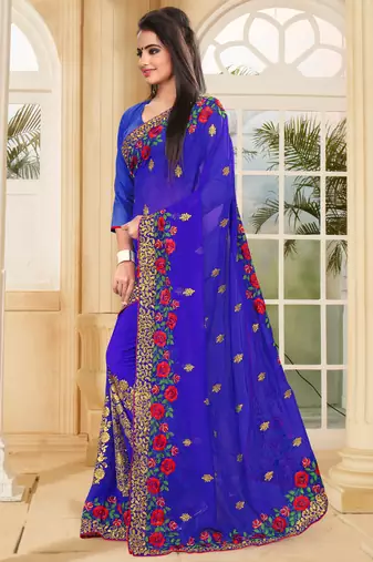 Blue Embroidered Border Georgette Saree With Matching Blouse Piece
