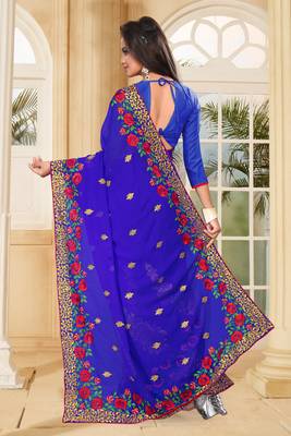 Blue Embroidered Border Georgette Saree With Matching Blouse Piece 3