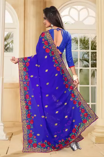 Blue Embroidered Border Georgette Saree With Matching Blouse Piece