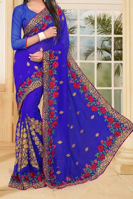 Blue Embroidered Border Georgette Saree With Matching Blouse Piece 5