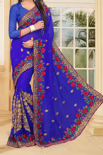 Blue Embroidered Border Georgette Saree With Matching Blouse Piece