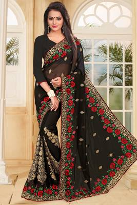 Black Embroidered Border Georgette Saree With Matching Blouse Piece 1