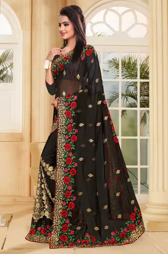 Black Embroidered Border Georgette Saree With Matching Blouse Piece