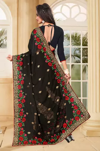 Black Embroidered Border Georgette Saree With Matching Blouse Piece
