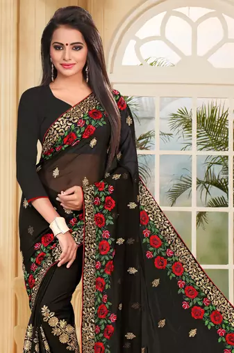 Black Embroidered Border Georgette Saree With Matching Blouse Piece