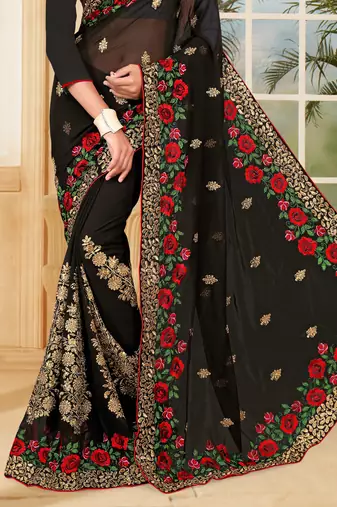 Black Embroidered Border Georgette Saree With Matching Blouse Piece