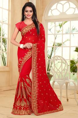 Red Embroidered Border Georgette Saree With Matching Blouse Piece 1