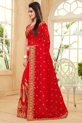 Red Embroidered Border Georgette Saree With Matching Blouse Piece 2