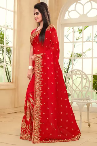 Red Embroidered Border Georgette Saree With Matching Blouse Piece
