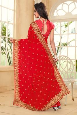 Red Embroidered Border Georgette Saree With Matching Blouse Piece 3