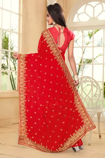Red Embroidered Border Georgette Saree With Matching Blouse Piece