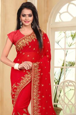 Red Embroidered Border Georgette Saree With Matching Blouse Piece 4