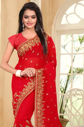 Red Embroidered Border Georgette Saree With Matching Blouse Piece