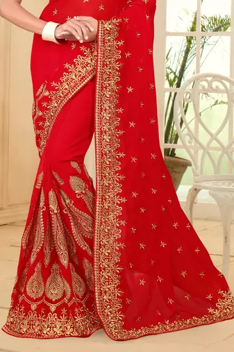 Red Embroidered Border Georgette Saree With Matching Blouse Piece