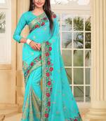 Sky blue embroidered border georgette designer saree sari with matching blouse piece