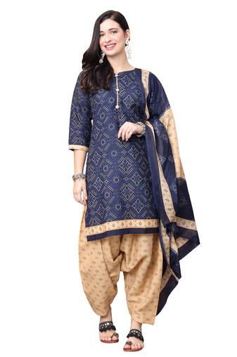 navy blue cotton blend printed ready to wear patiala salwar suit