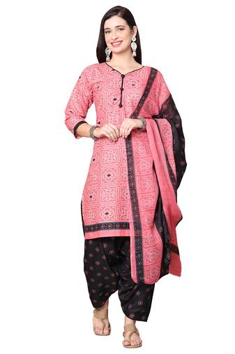 pink cotton blend printed ready to wear patiala salwar suit