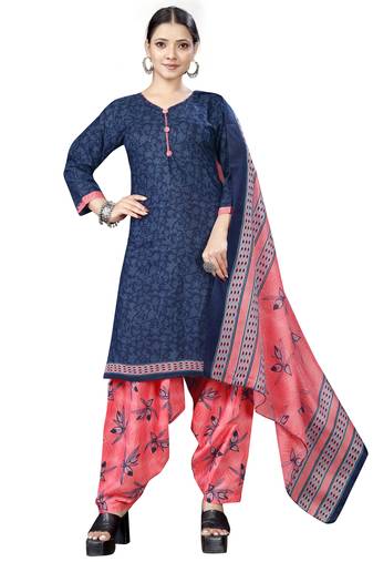 navy blue cotton blend printed ready to wear patiala salwar suit