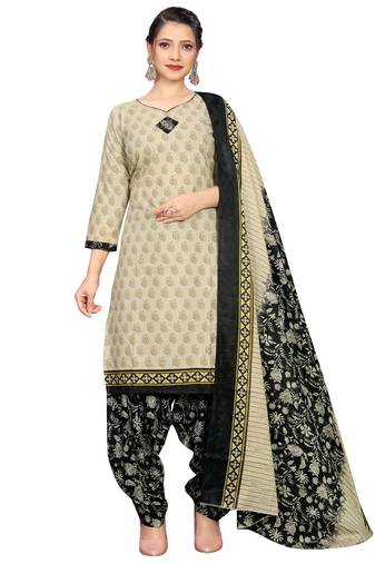 beige cotton blend printed ready to wear patiala salwar suit