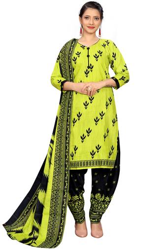 neon yellow cotton blend printed ready to wear patiala salwar suit
