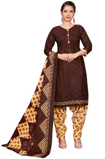 brown cotton blend printed ready to wear patiala salwar suit