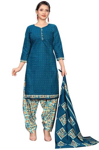 blue cotton blend printed ready to wear patiala salwar suit