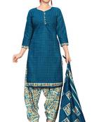 blue cotton blend printed ready to wear patiala salwar suit