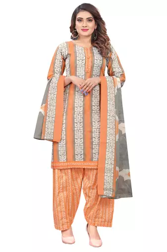 light orange & white cotton blend printed ready to wear patiala salwar suit