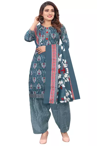 grey & white cotton blend printed ready to wear patiala salwar suit