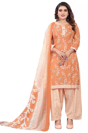light orange & white cotton blend printed ready to wear patiala salwar suit