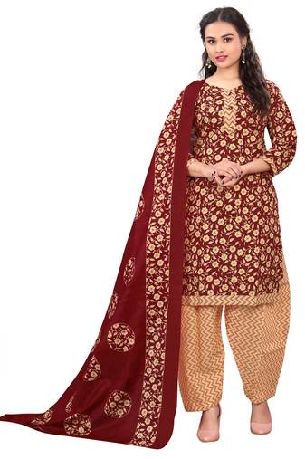 maroon & beige cotton blend printed ready to wear patiala salwar suit