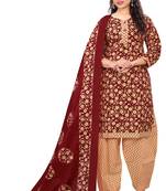 maroon & beige cotton blend printed ready to wear patiala salwar suit