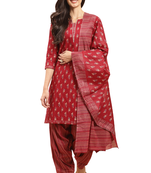 maroon cotton printed ready to wear patiala salwar suit