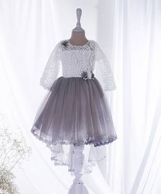Mini stitch grey solid net corsage applique bottom lace detailed frock 1