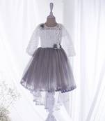 Mini stitch grey solid net corsage applique bottom lace detailed frock