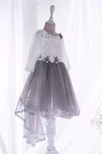 Mini stitch grey solid net corsage applique bottom lace detailed frock